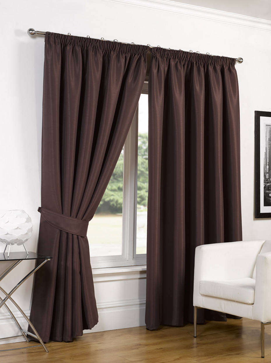 Luxury Faux Silk Blackout Curtains Including Tiebacks - Chocolate 90x90>
