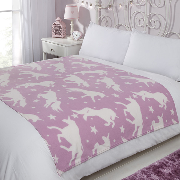 Dreamscene by OHS Unicorn Print Fleece Throw Blanket, Pink - 120x150cm>