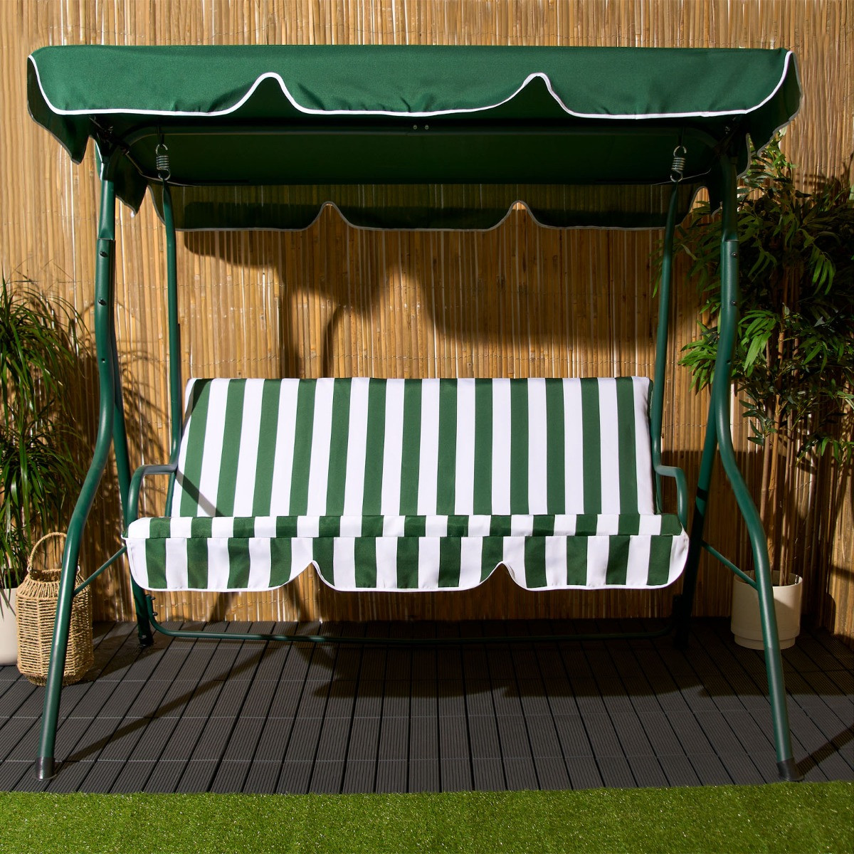 OHS 3 Seater Swing Bench With Canopy - Green / White Stripe>