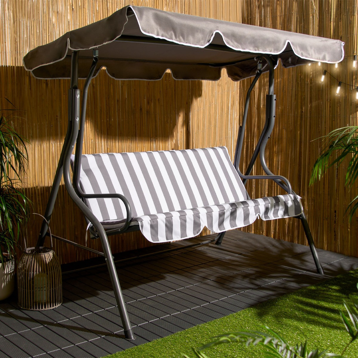 OHS 3 Seater Swing Bench With Canopy - Grey / White Stripe>
