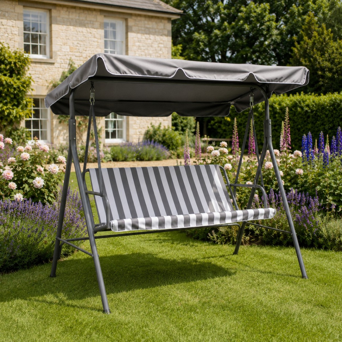 OHS 3 Seater Swing Bench With Canopy - Grey/White Stripe>