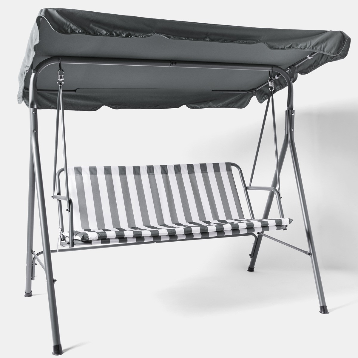 OHS 3 Seater Swing Bench With Canopy - Grey/White Stripe>