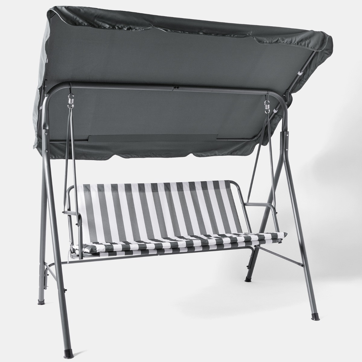 OHS 3 Seater Swing Bench With Canopy - Grey/White Stripe>