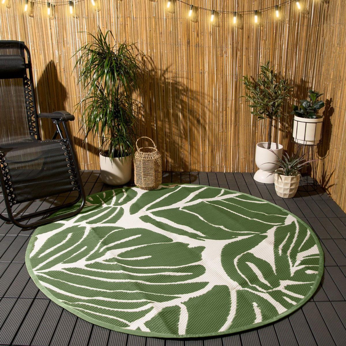 OHS Circle Tropical Print Outdoor Rug, Green/White - 170cm>