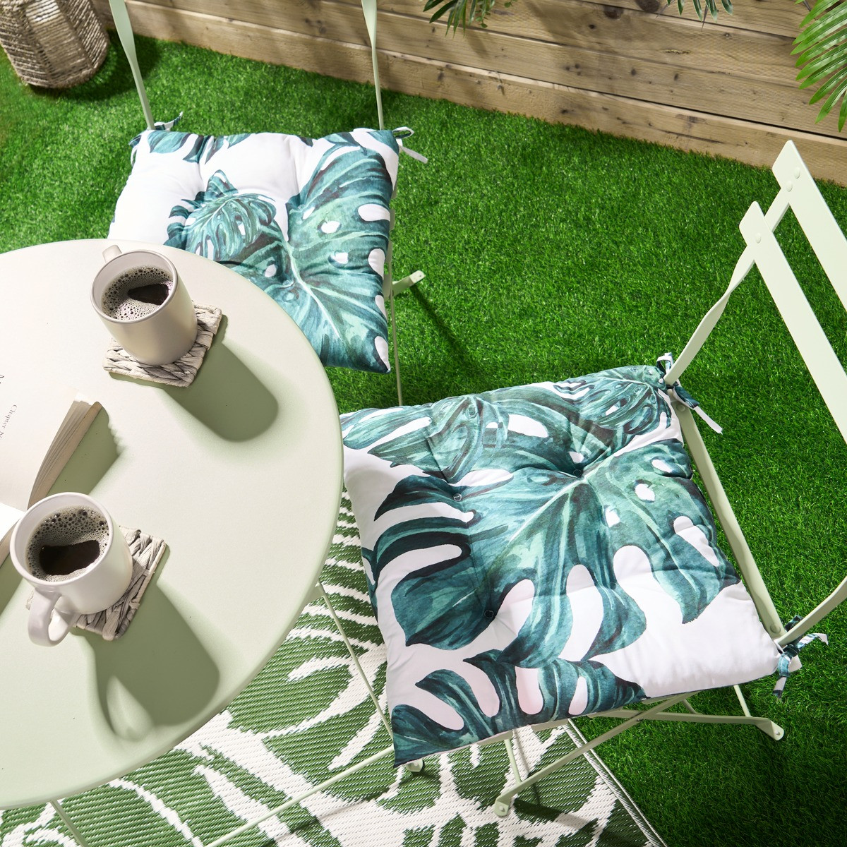 OHS 4 Pack Indoor/Outdoor Tropical Print Seat Pads, Green/White - 40 x 40cm>