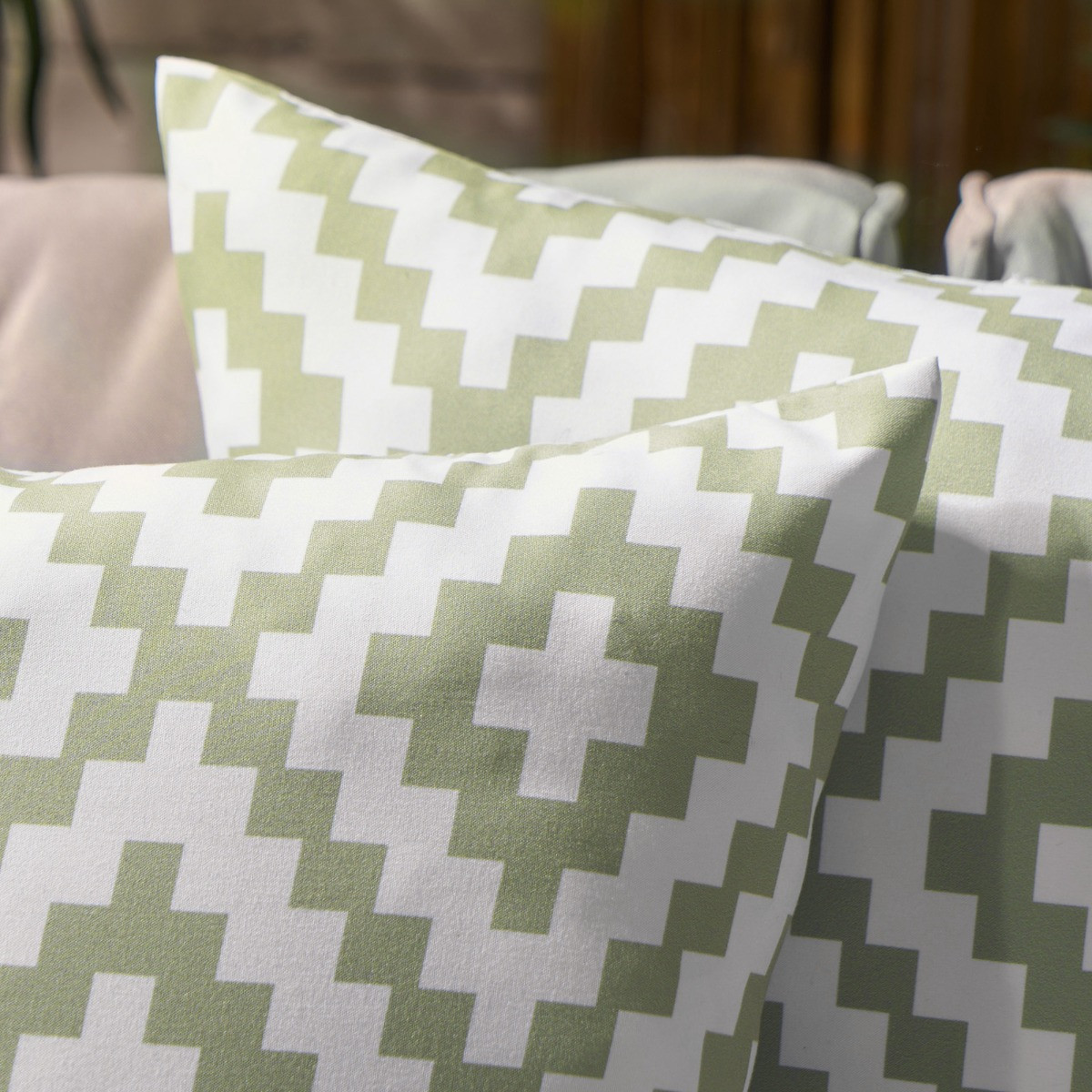 OHS Indoor/Outdoor Geometric Print Cushion Covers with Cushion Pads - Sage/White>