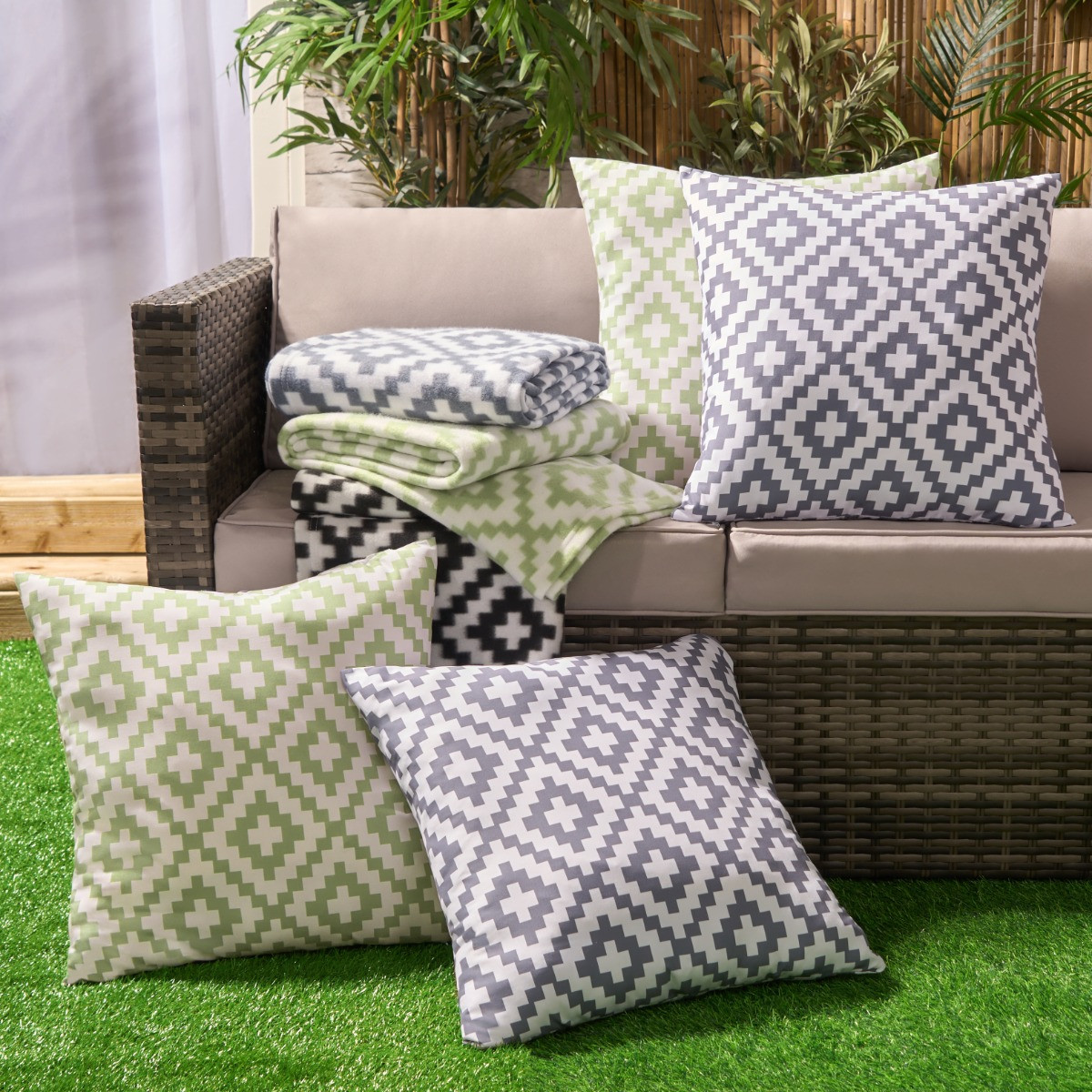 OHS Indoor/Outdoor Geometric Print Cushion Covers, Sage/White - 45 x 45cm>