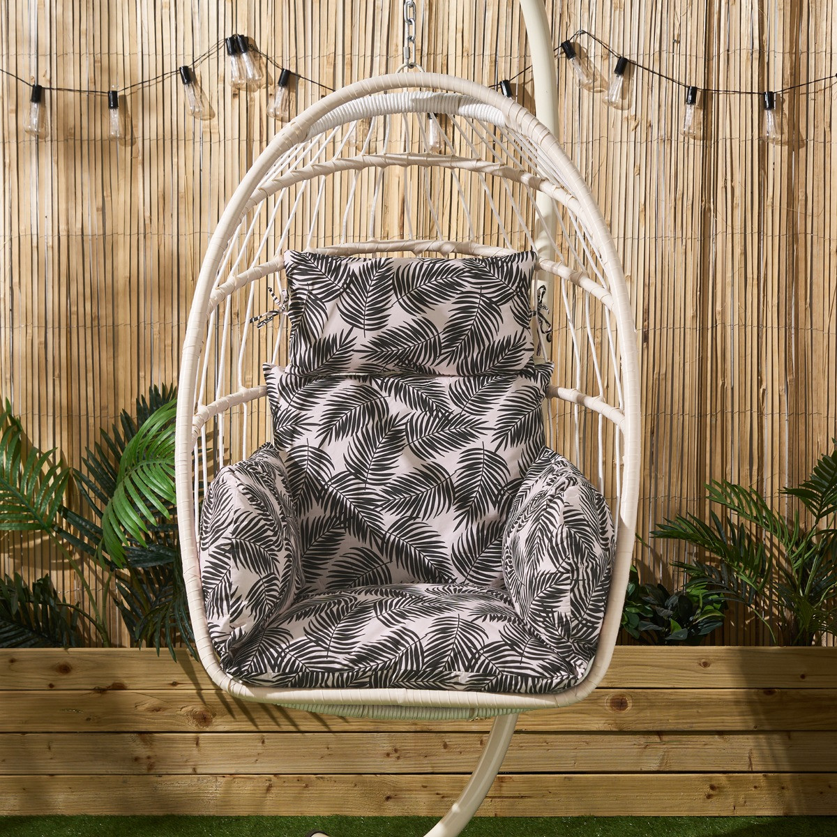 OHS Palm Leaf Print Egg Chair Cushion with Headrest - Monochrome>