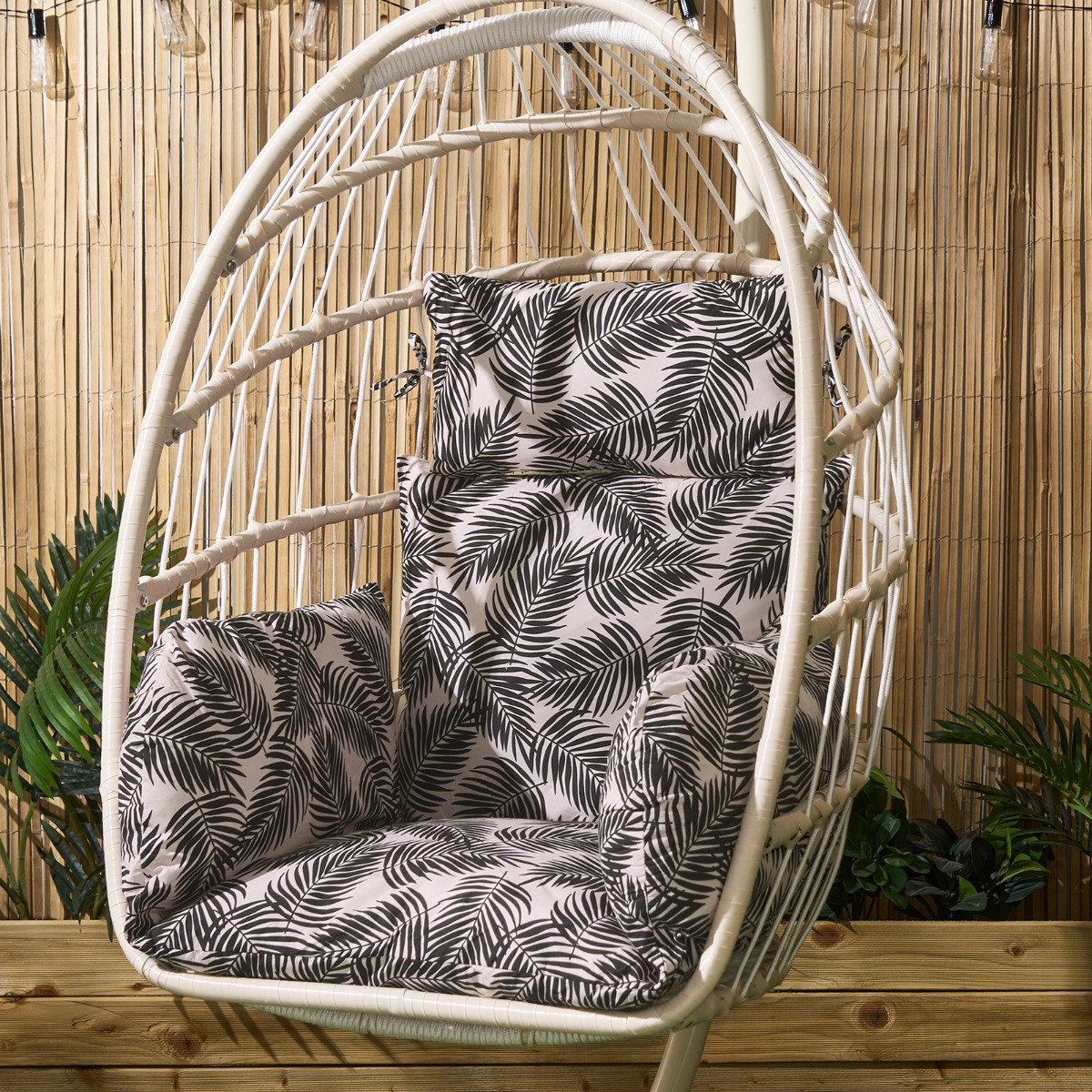 OHS Palm Leaf Print Egg Chair Cushion with Headrest - Monochrome>