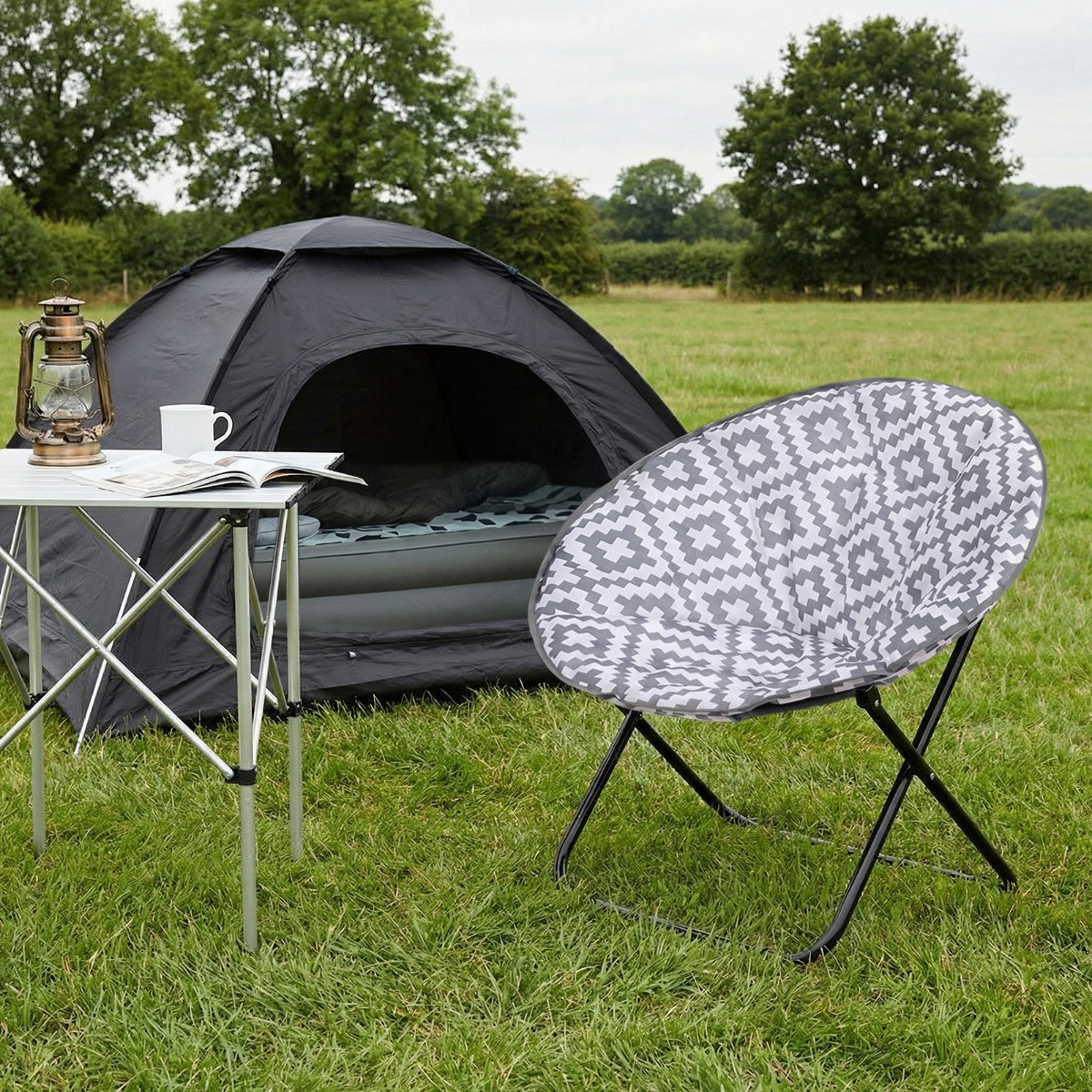 OHS Foldable Geometric Print Moon Camping Chair - Grey>
