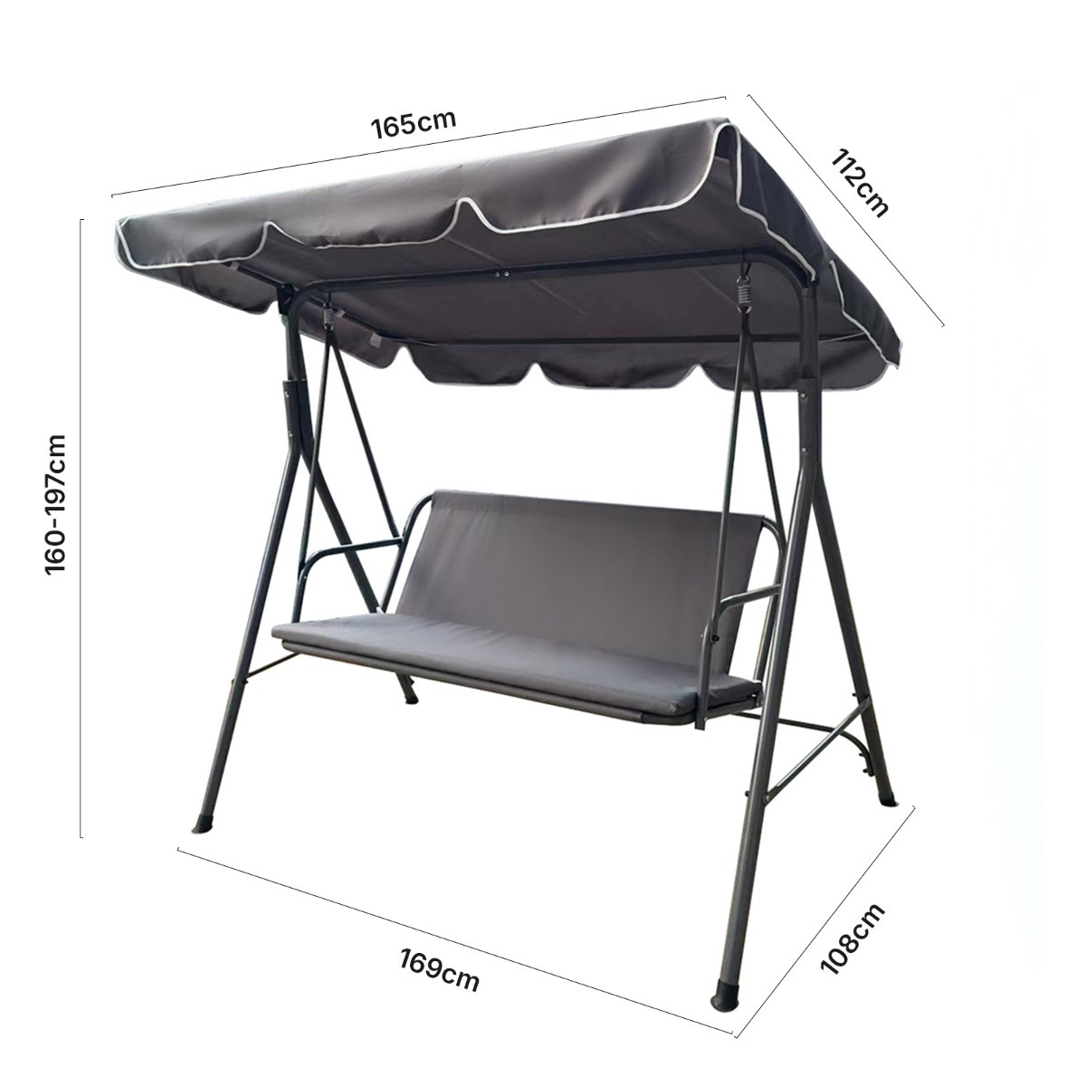 OHS 3 Seater Swing Bench With Canopy - Charcoal>