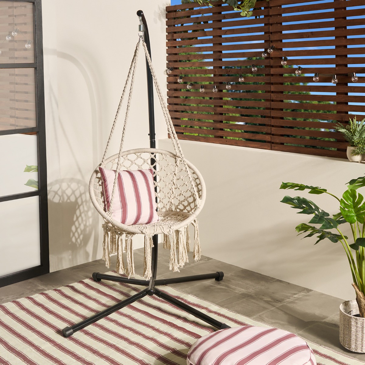 OHS Macrame Knotted Swing Chair - Cream >