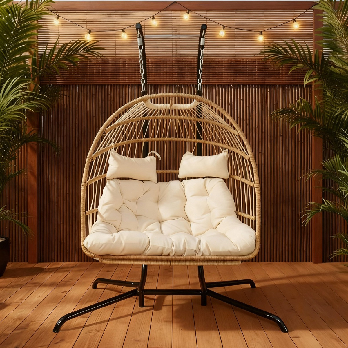 OHS Foldable Rattan Double Hanging Egg Chair - Natural>