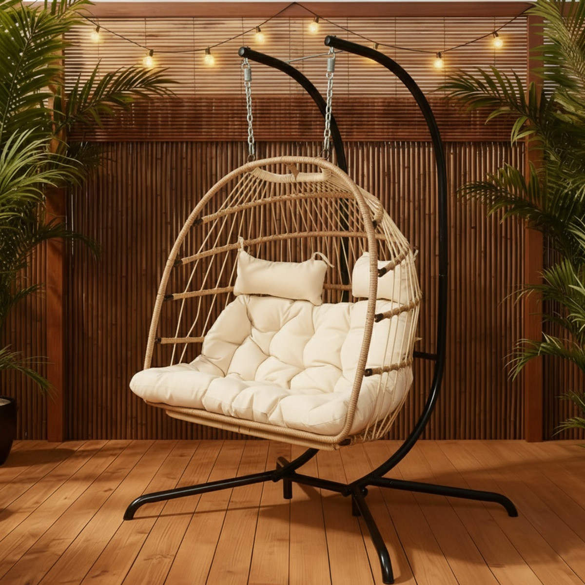 OHS Foldable Rattan Double Hanging Egg Chair - Natural>
