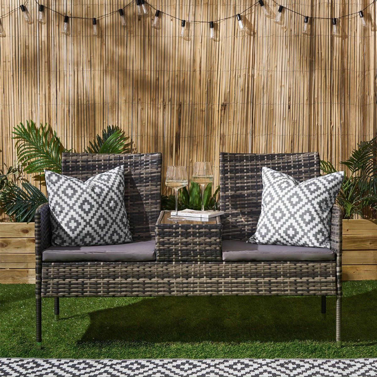 OHS 2 Seater Garden Rattan Companion Bench Table Set - Grey >