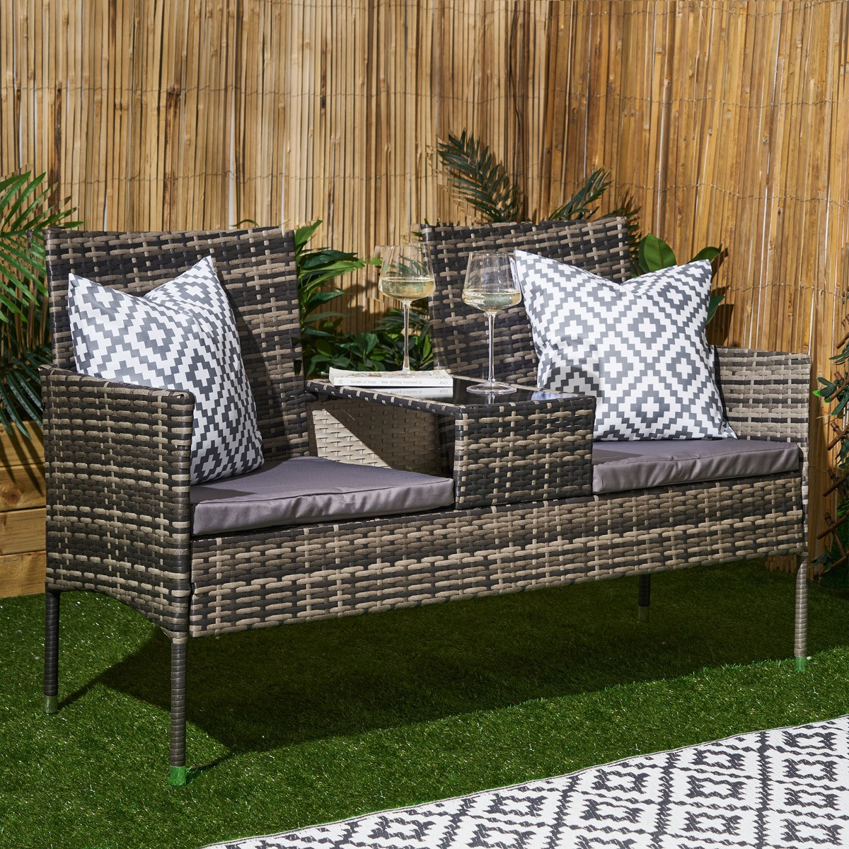 OHS 2 Seater Garden Rattan Companion Bench Table Set - Grey >