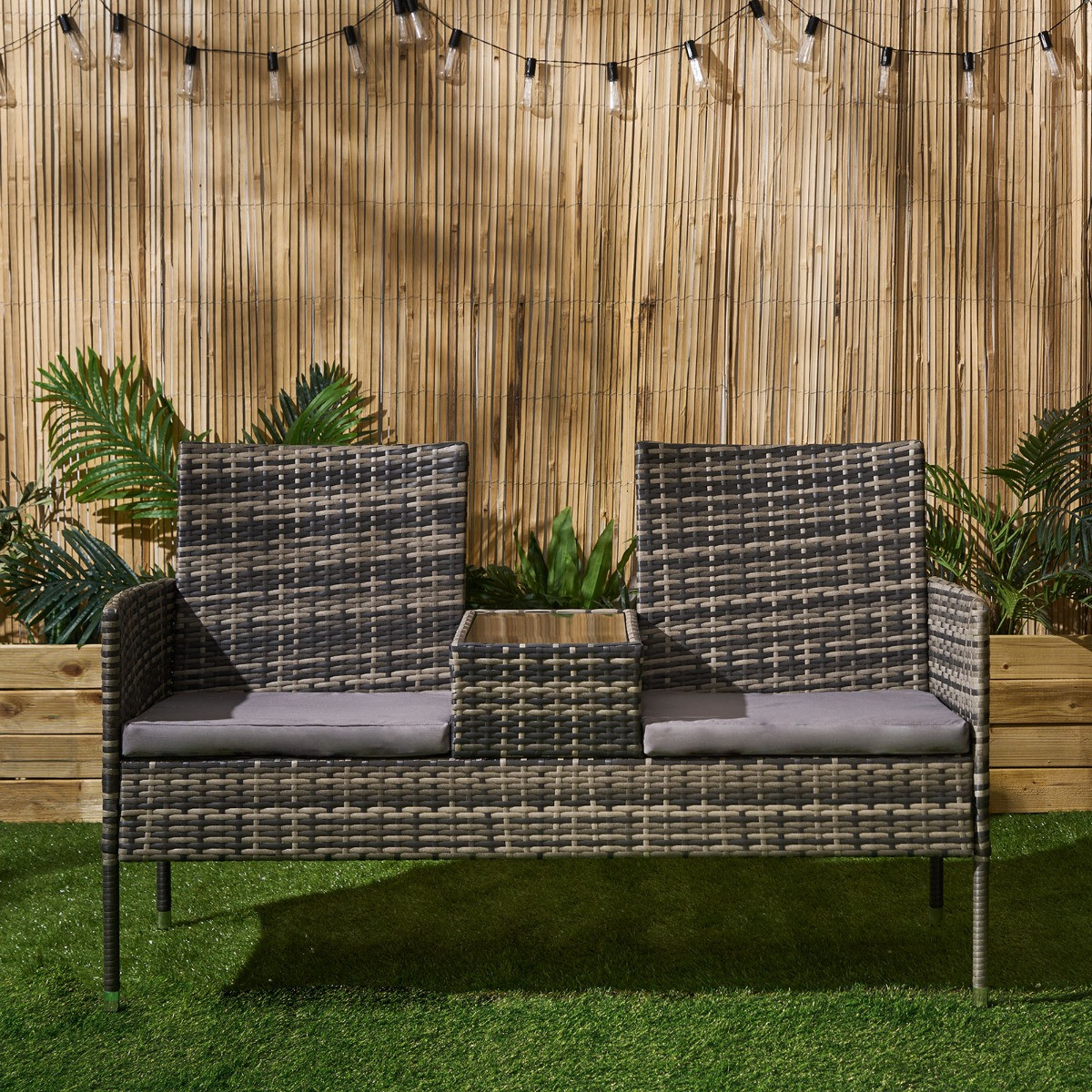 OHS 2 Seater Garden Rattan Companion Bench Table Set - Grey >