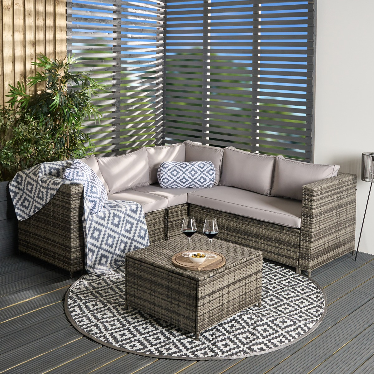 OHS 5 Seater Outdoor Rattan Garden Corner Sofa and Table Set - Grey >
