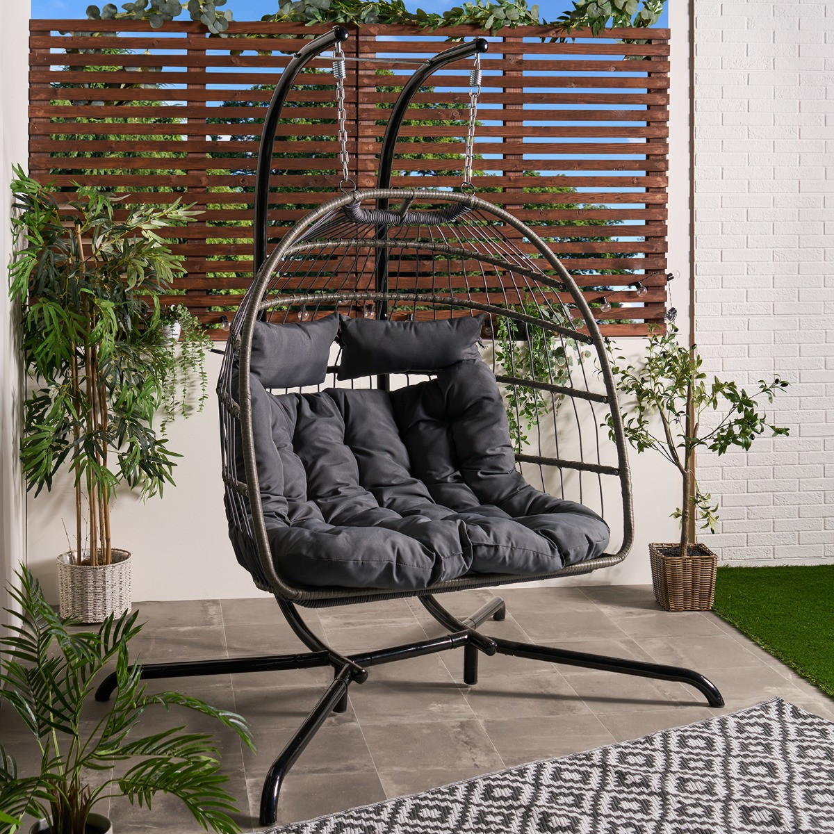 OHS Foldable Rattan Double Hanging Egg Chair - Grey>
