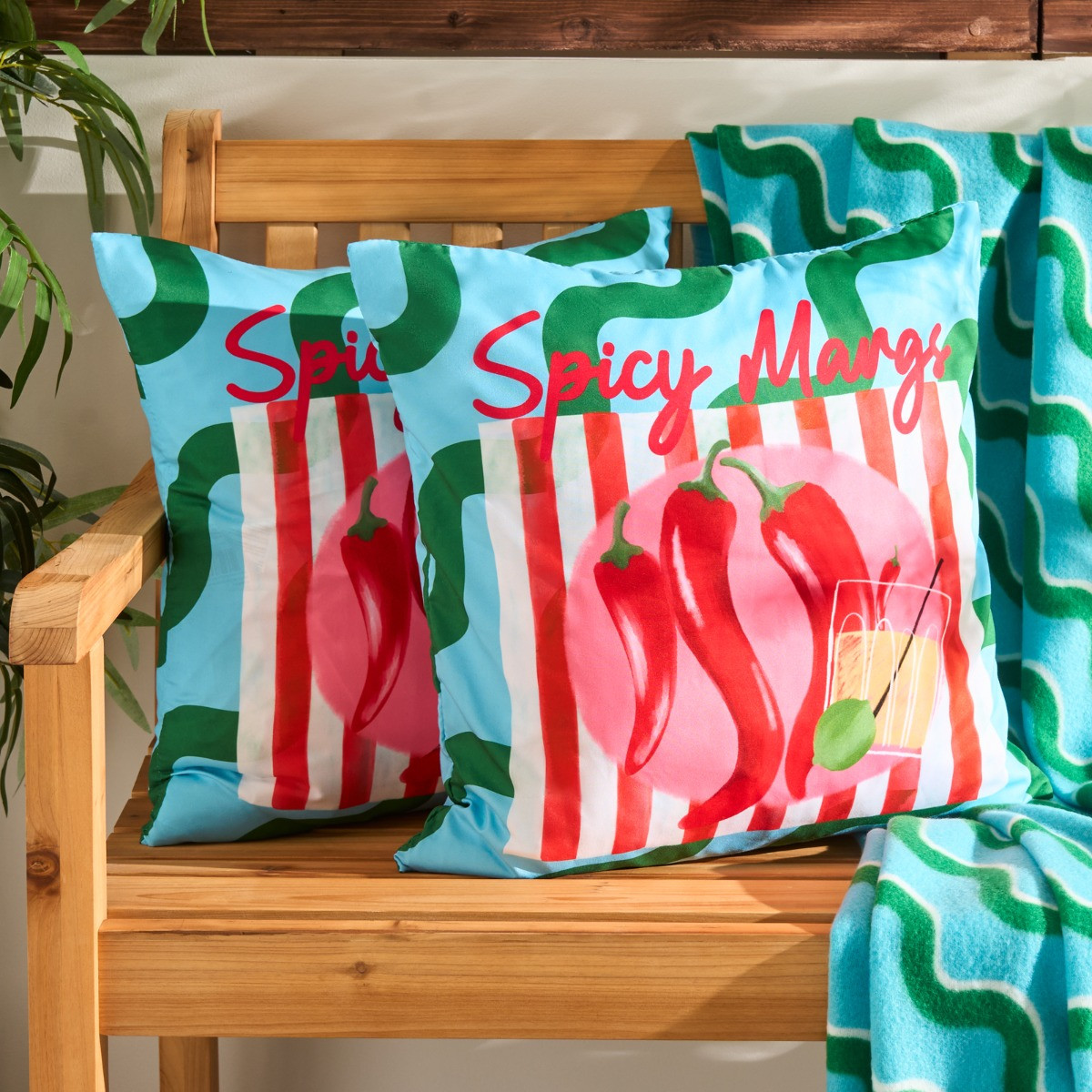 OHS Indoor/Outdoor Spicy Margs Slogan Cushion Covers - Blue/Green>