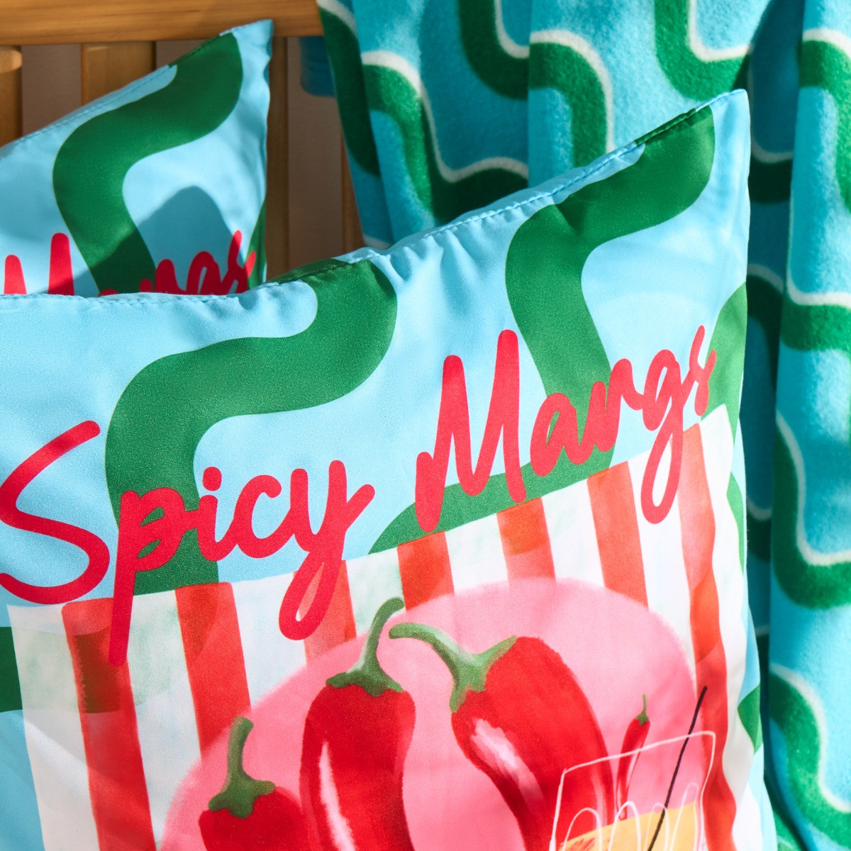 OHS Indoor/Outdoor Spicy Margs Slogan Cushion Covers - Blue/Green>