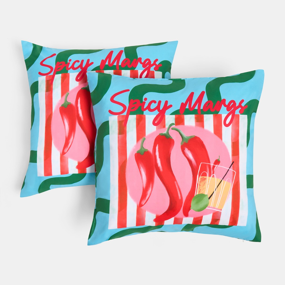 OHS Indoor/Outdoor Spicy Margs Slogan Cushion Covers - Blue/Green>