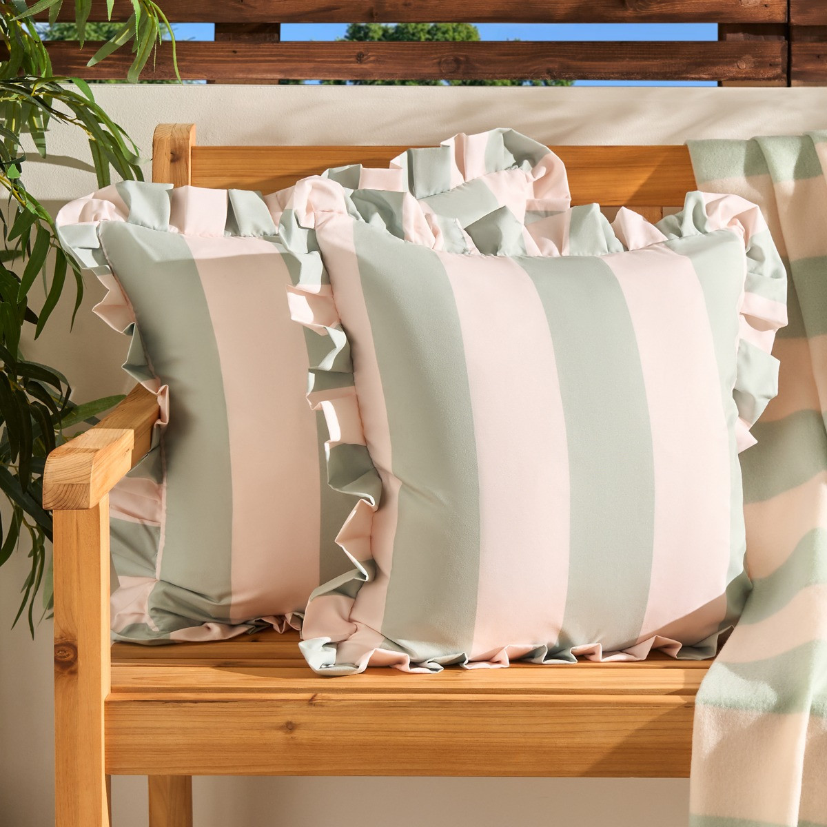 OHS Indoor/Outdoor Stripe Print Cushion Covers, Sage/Cream - 45 x 45cm>