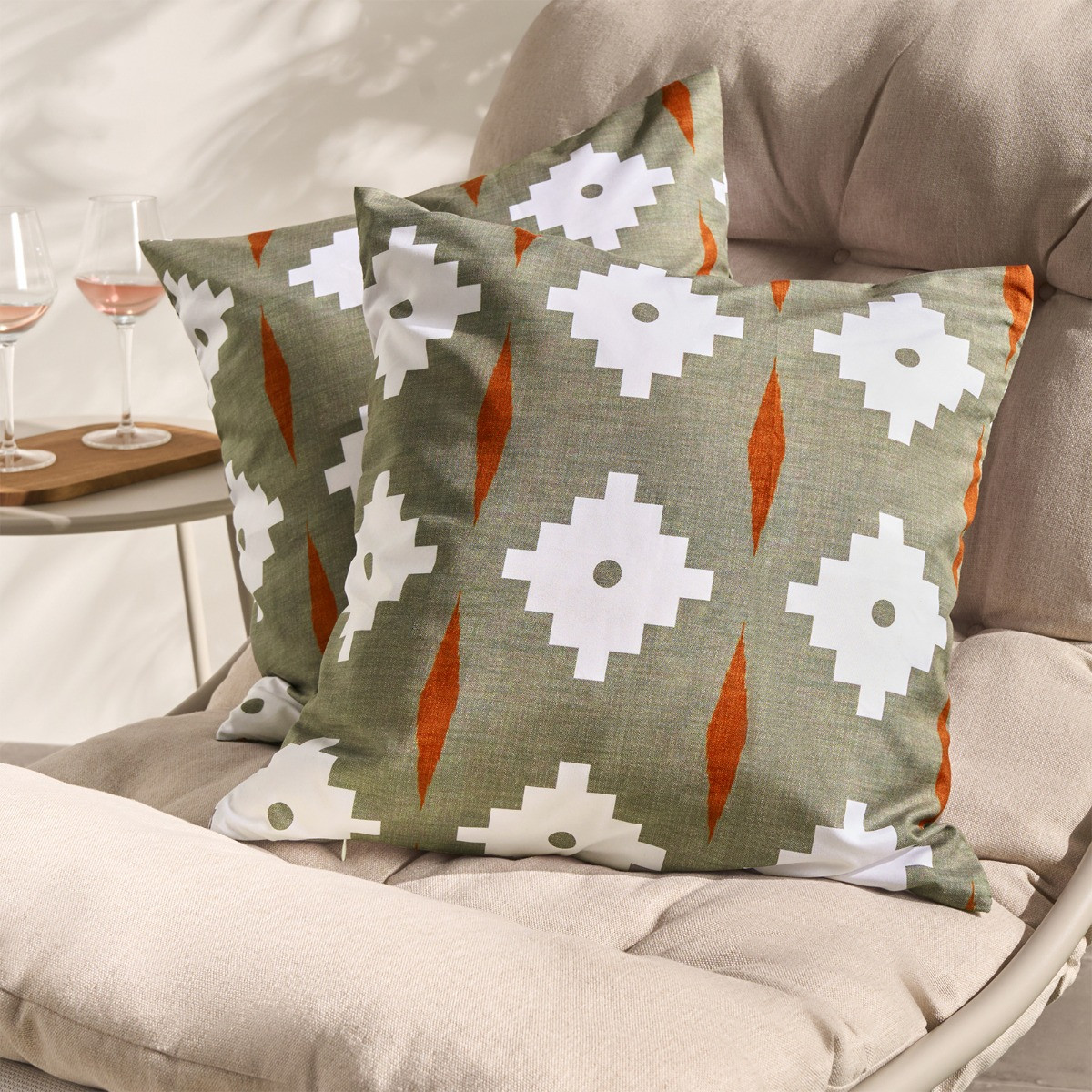 OHS Indoor/Outdoor Geometric Print Cushion Covers, Olive - 45 x 45cm>