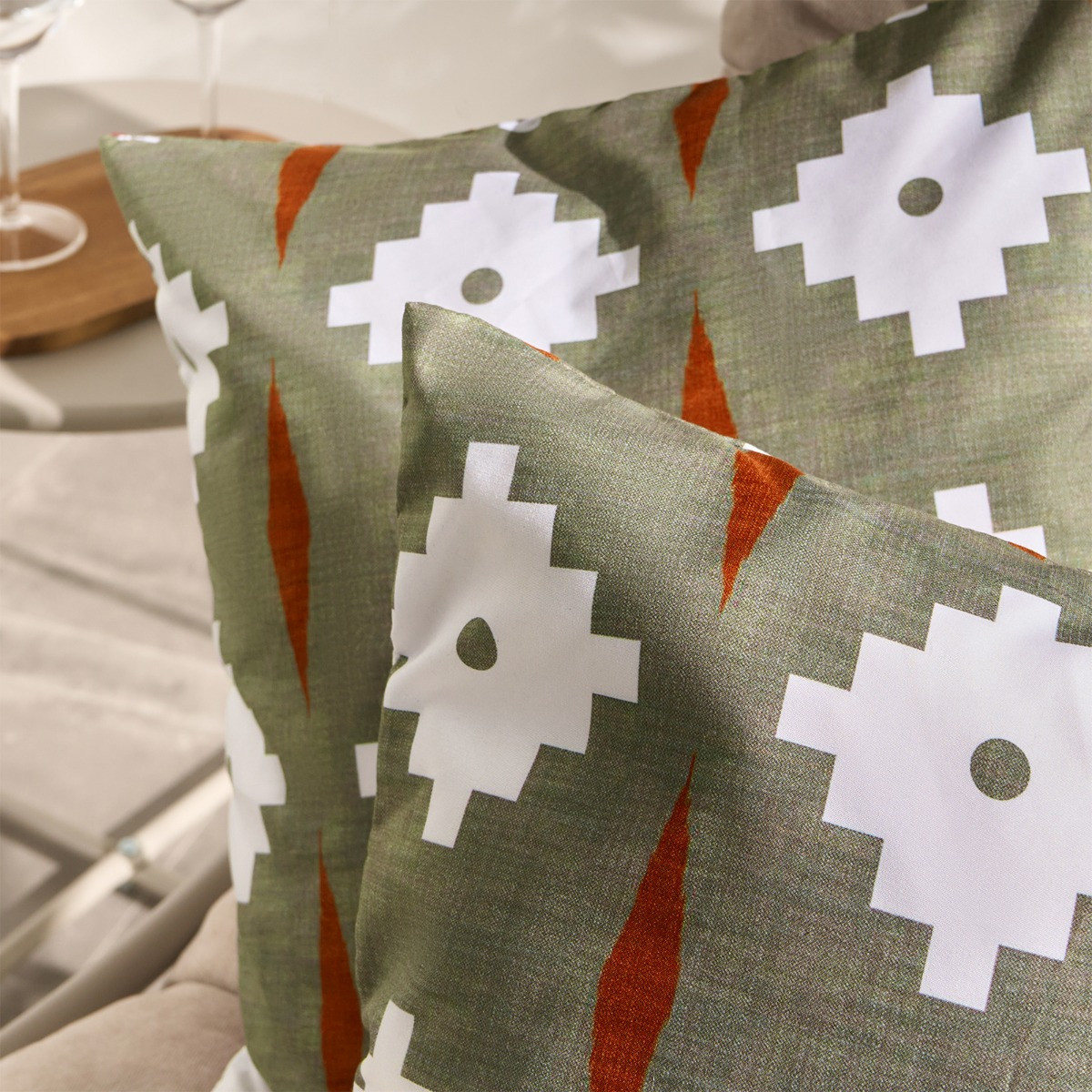 OHS Indoor/Outdoor Geometric Print Cushion Covers - Olive>