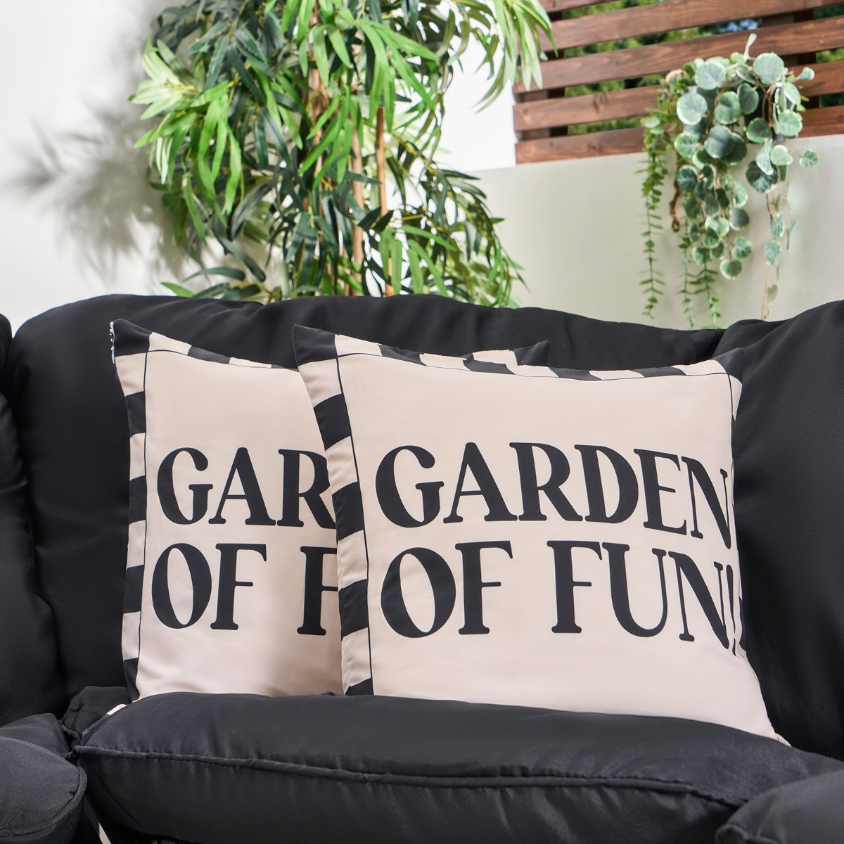 OHS Indoor/Outdoor Garden Of Fun Slogan Cushion Covers - Monochrome>