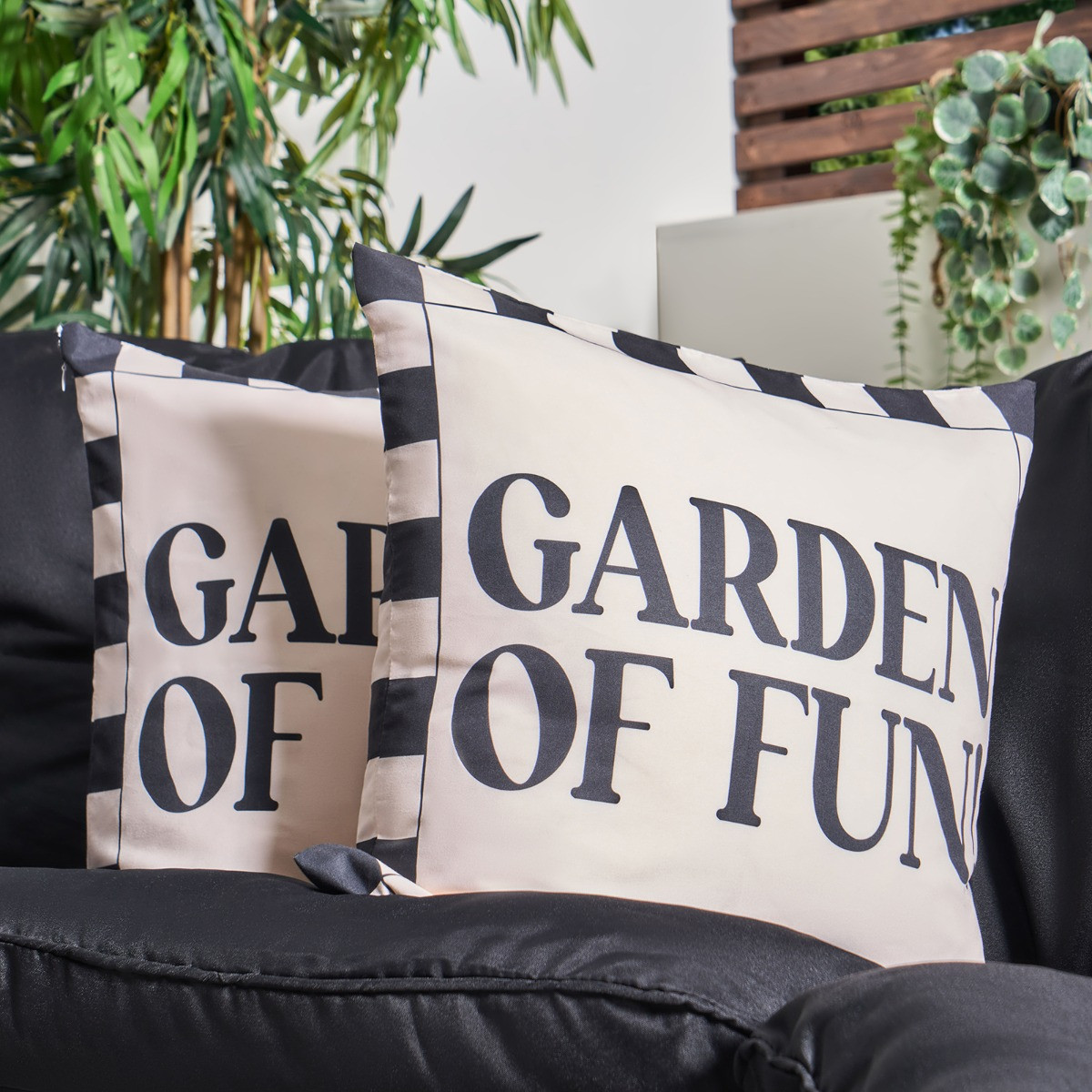 OHS Indoor/Outdoor Garden Of Fun Slogan Cushion Covers - Monochrome>