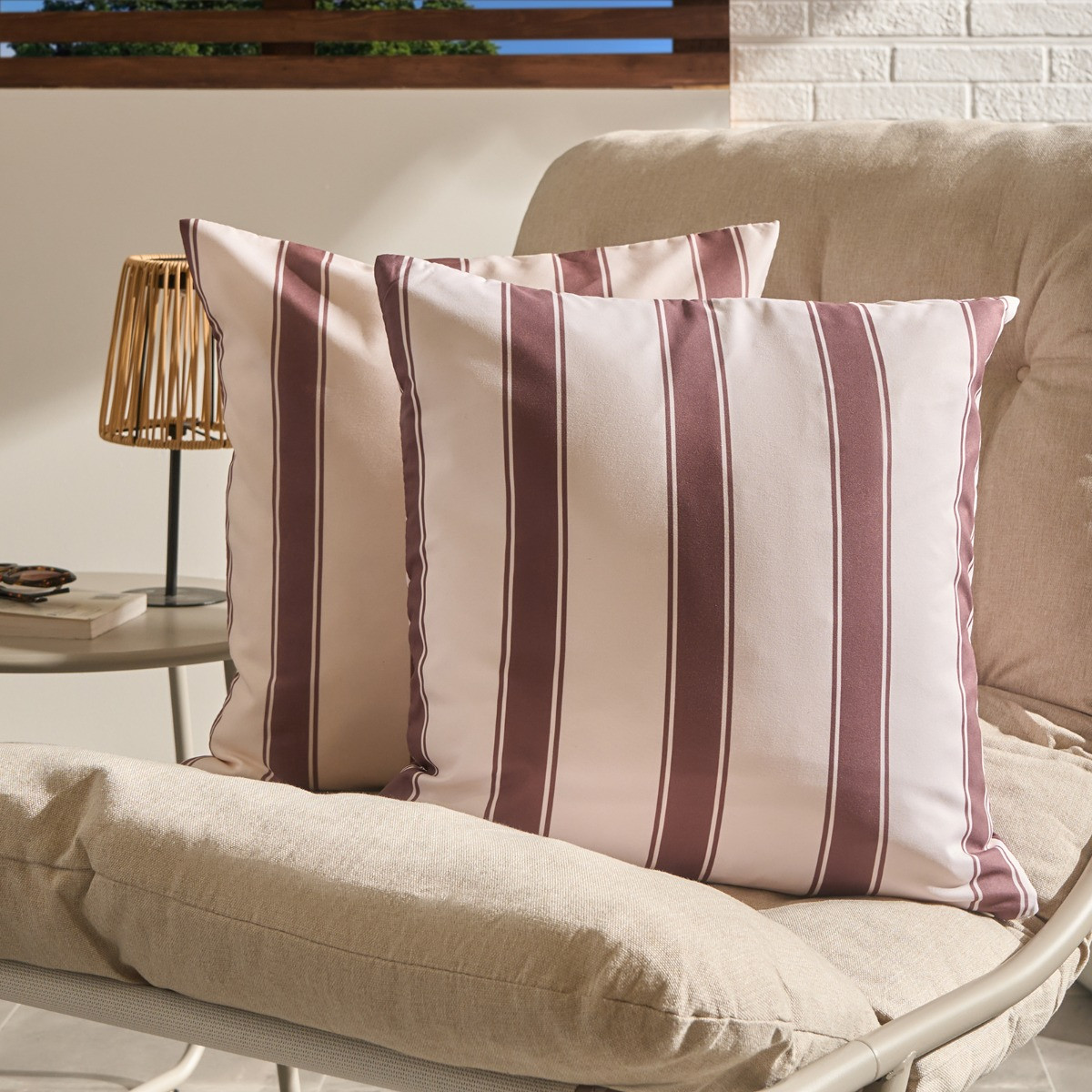 OHS Indoor/Outdoor Stripe Print Cushion Covers, Chocolate/Cream -45 x 45cm>
