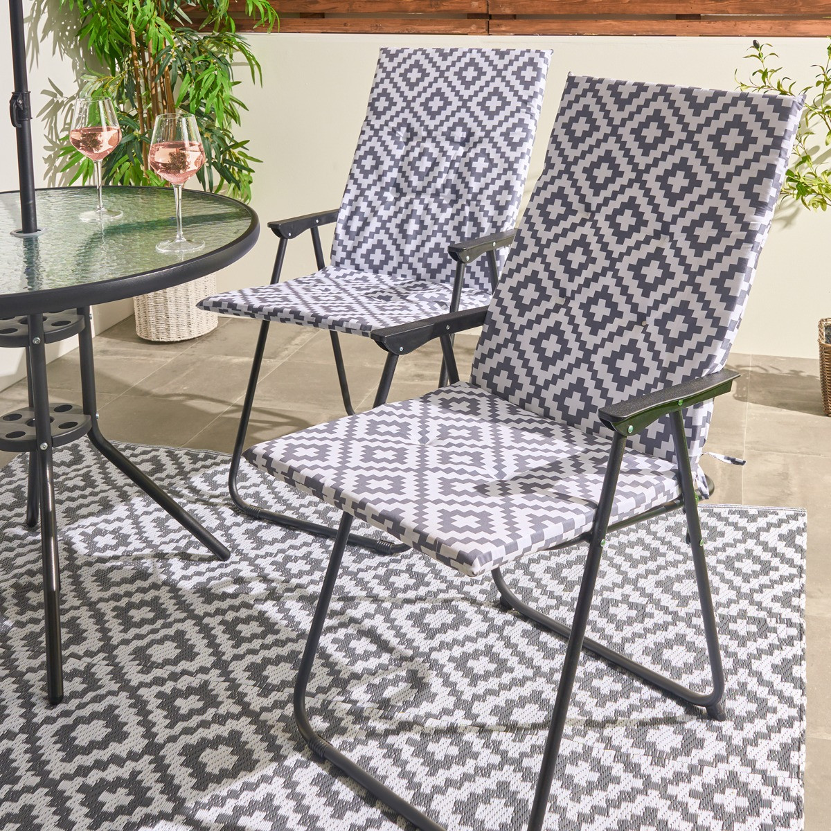 OHS Indoor/Outdoor Geometric Print Seat Pad with Back, Grey - 2 Pack>