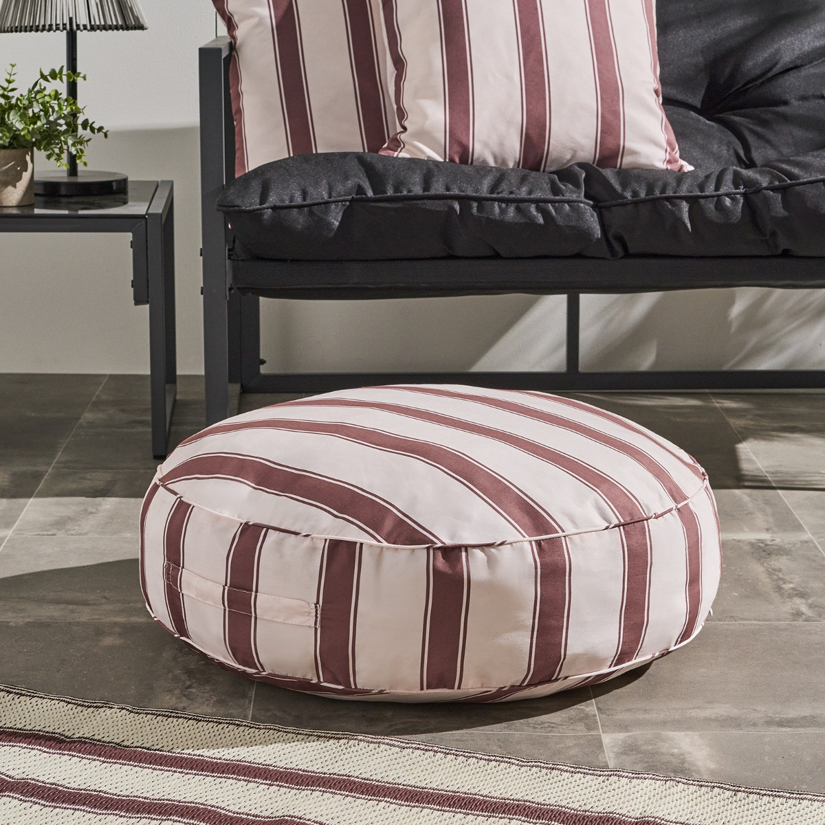 OHS Indoor/Outdoor Stripe Print Round Filled Cushion - Chocolate/Cream>