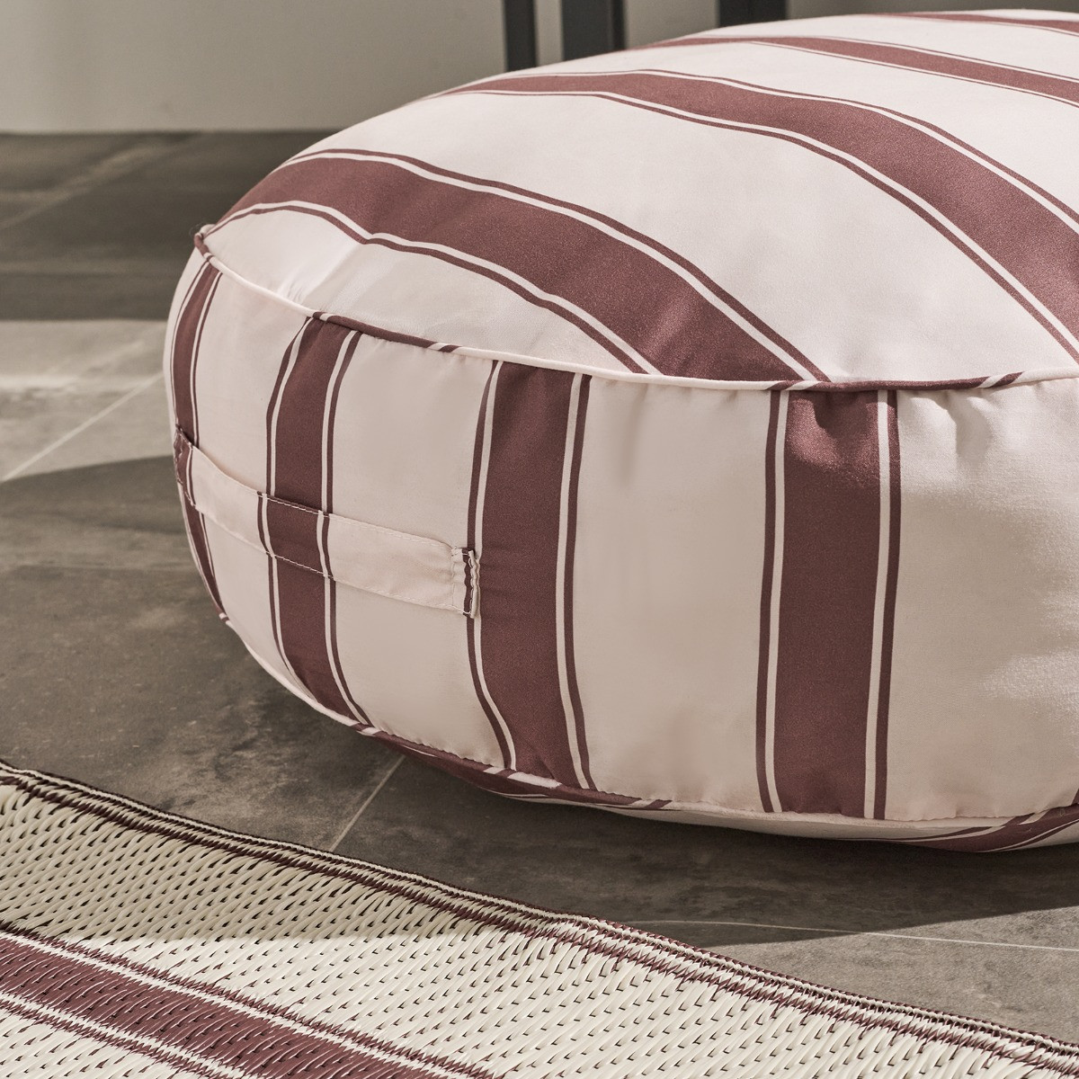 OHS Indoor/Outdoor Stripe Print Round Filled Cushion - Chocolate/Cream>