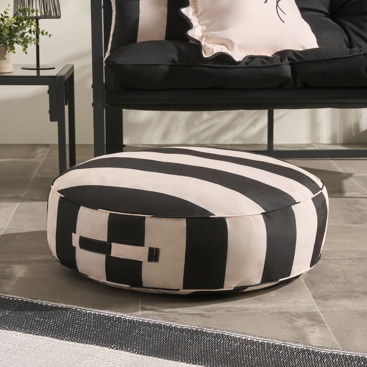 OHS Indoor/Outdoor Stripe Print Round Filled Cushion - Monochrome>
