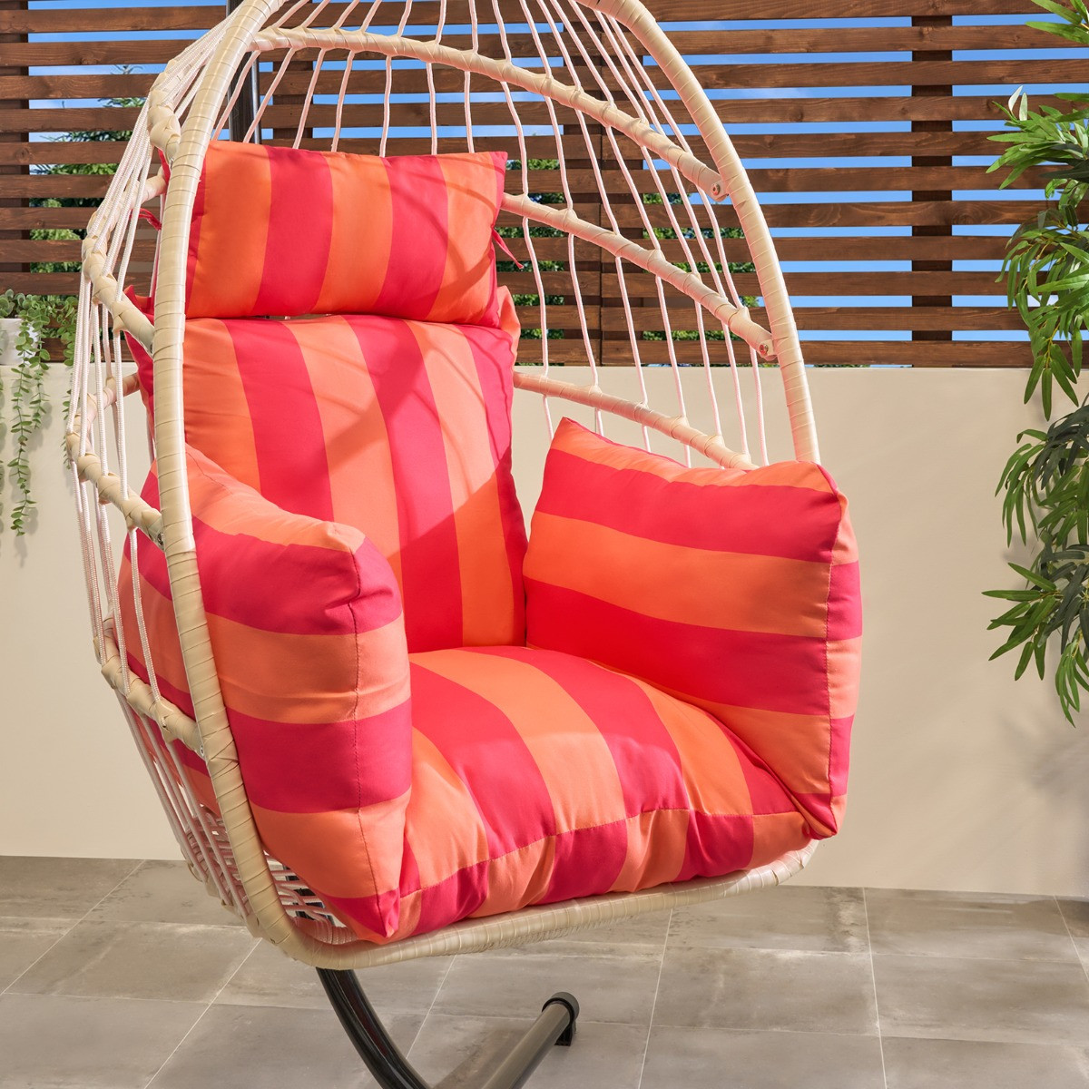 OHS Stripe Print Egg Chair Cushion with Headrest - Orange/Pink>