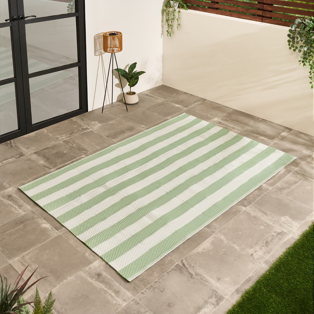 OHS Stripe Print Outdoor Rug, Sage/Cream - 160 x 230cm>
