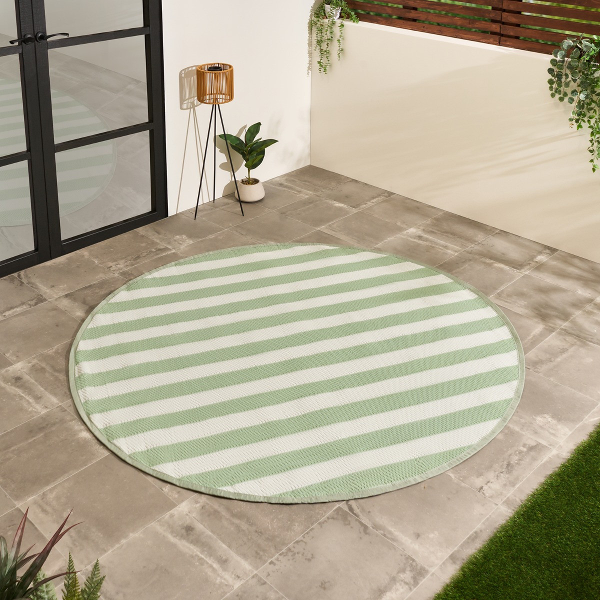 OHS Stripe Print Outdoor Rug, Sage/Cream - 170cm>