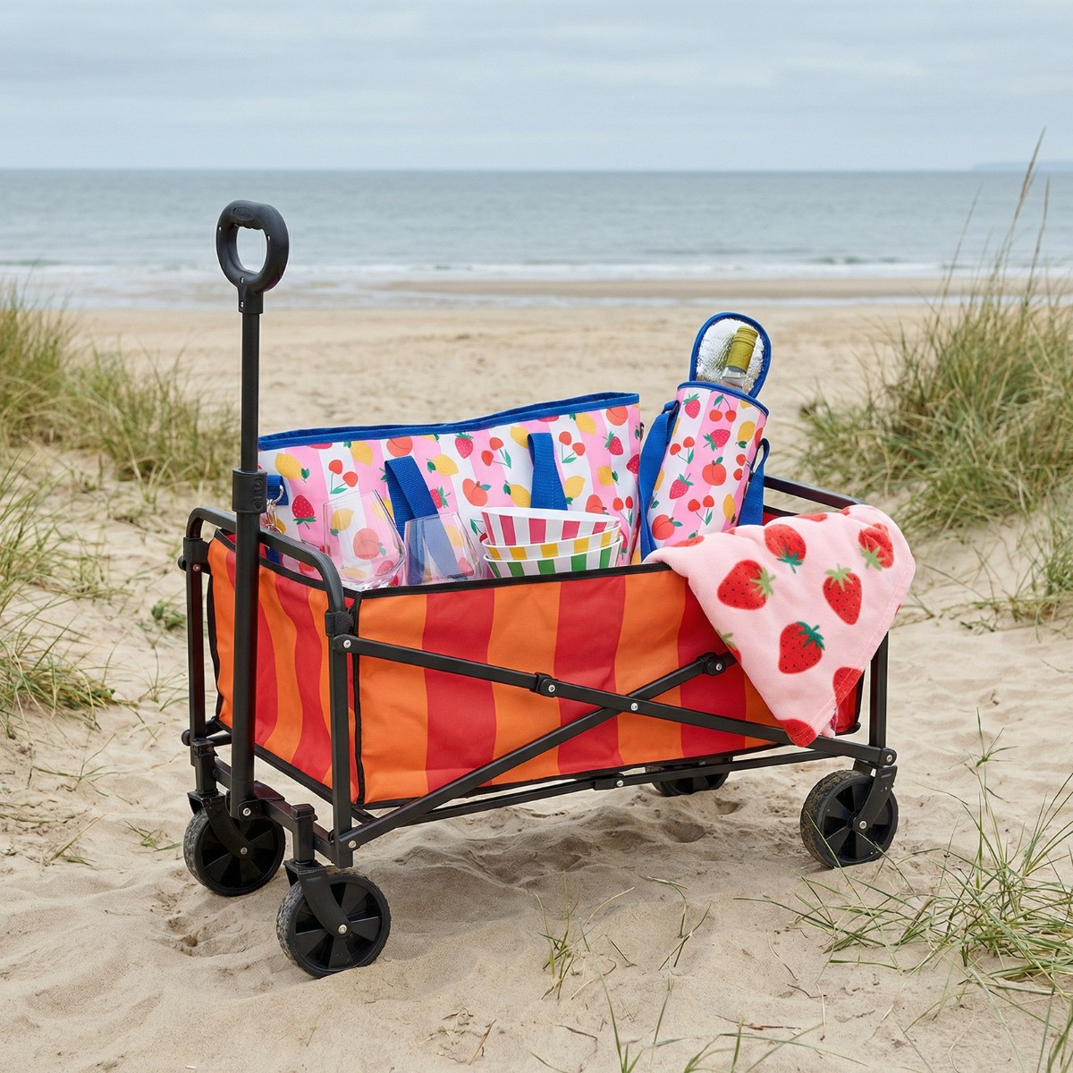 OHS Stripe Print Foldable Camping Trolley - Orange/Pink>