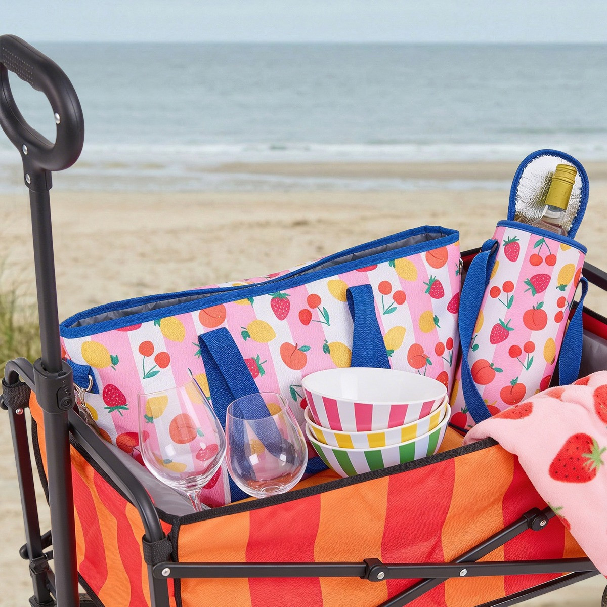 OHS Stripe Print Foldable Camping Trolley - Orange/Pink>