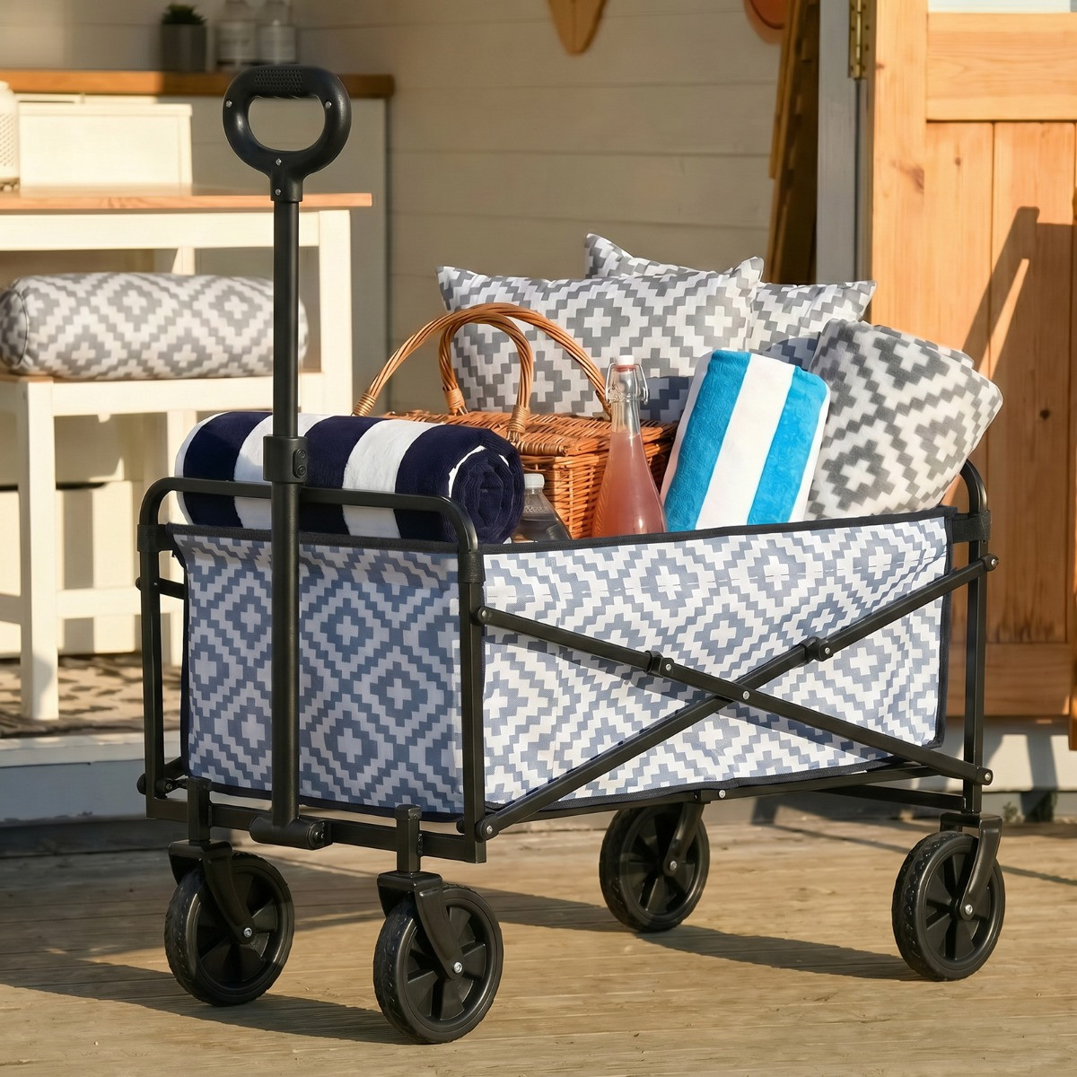 OHS Geometric Print Foldable Camping Trolley - Grey >