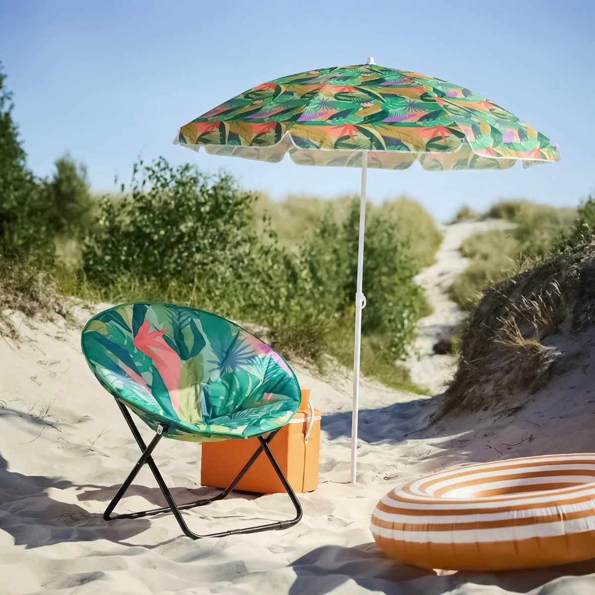 OHS Foldable Palm Print Moon Camping Chair - Green>