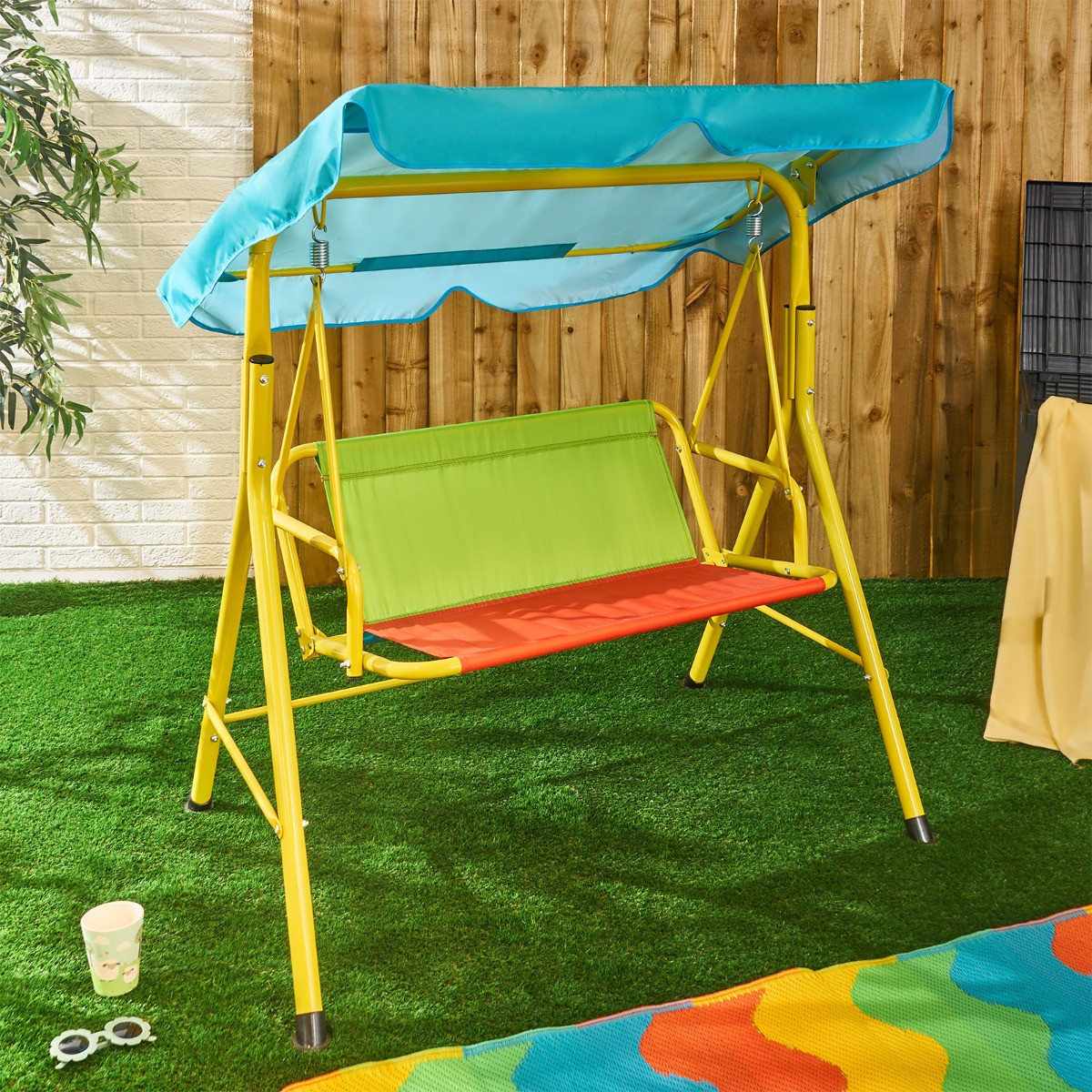 OHS Kids Colour Block Swing Bench with Canopy - Multi>