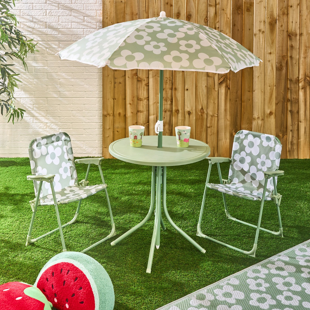 OHS Kids Daisy Print Bistro Set with Parasol - Sage/White>