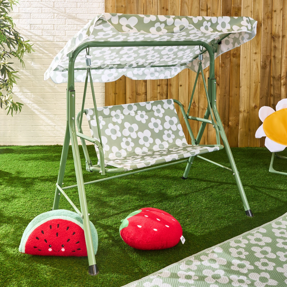 OHS Kids Daisy Print Swing Bench with Canopy - Sage/White>