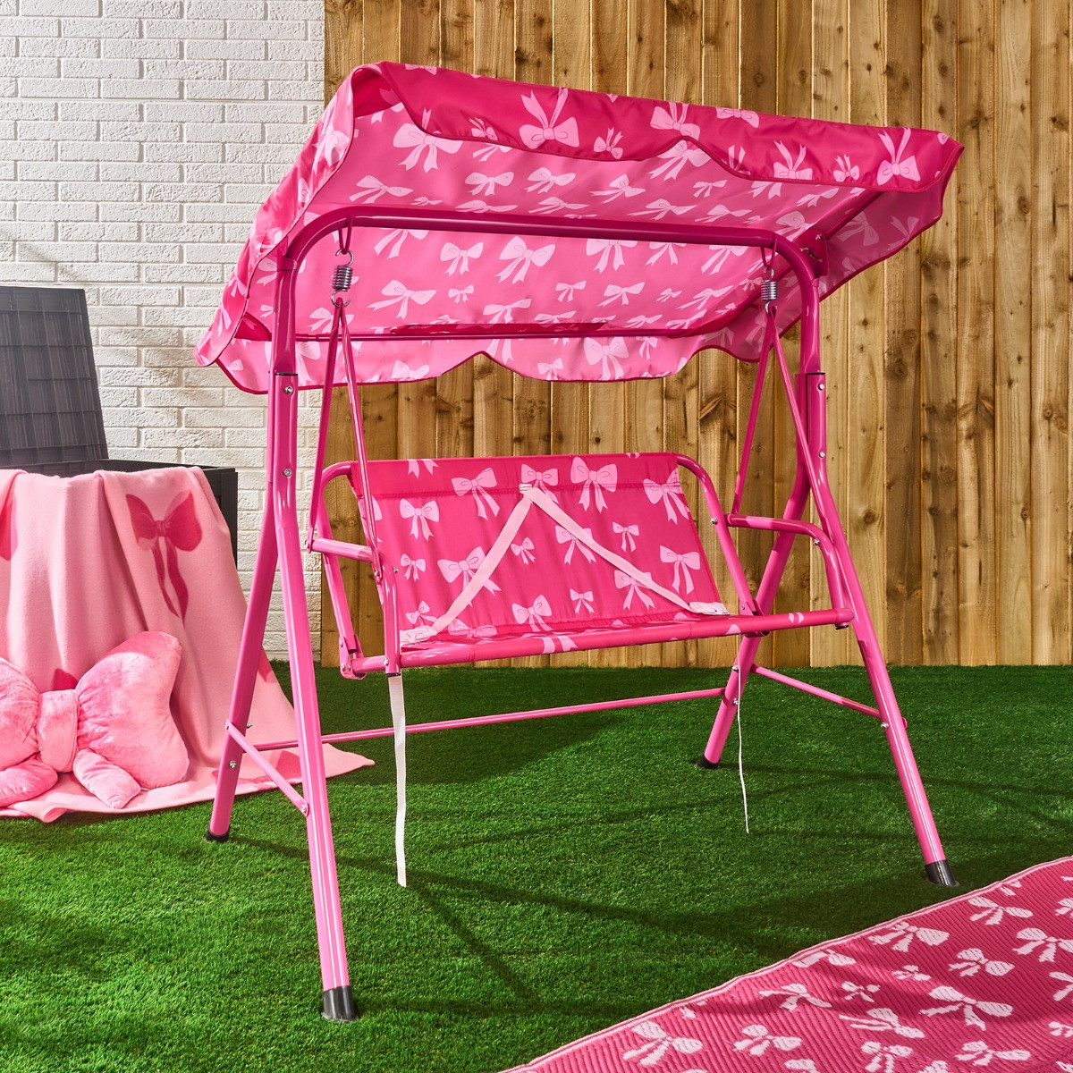 OHS Kids Bow Print Swing Bench with Canopy - Hot Pink>