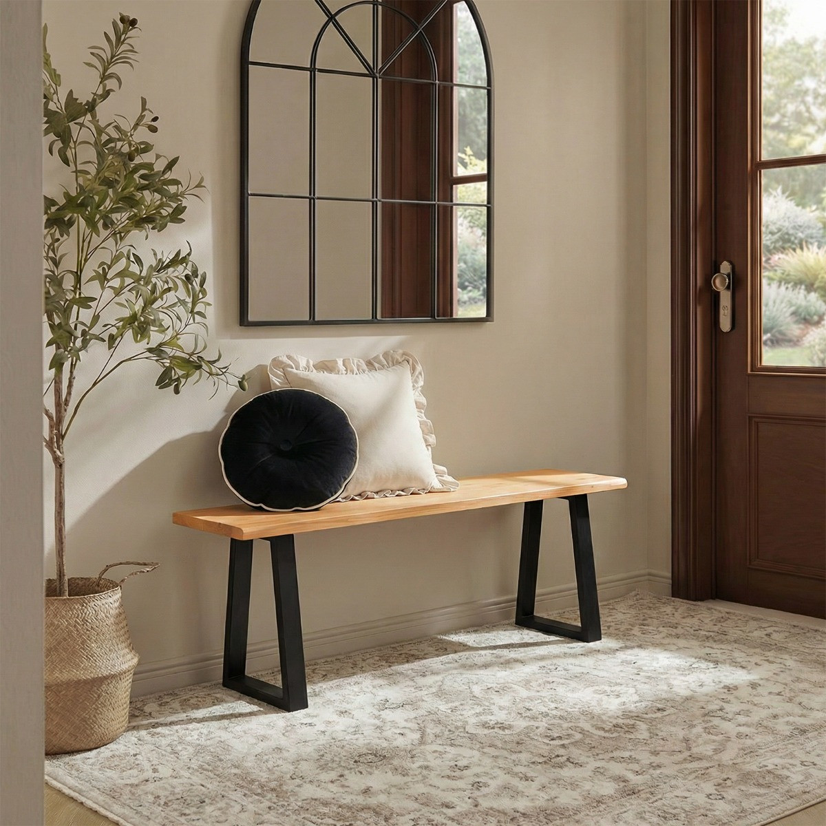 OHS 3 Seater Indoor/Outdoor Wooden Rustic Bench - Natural/Black>