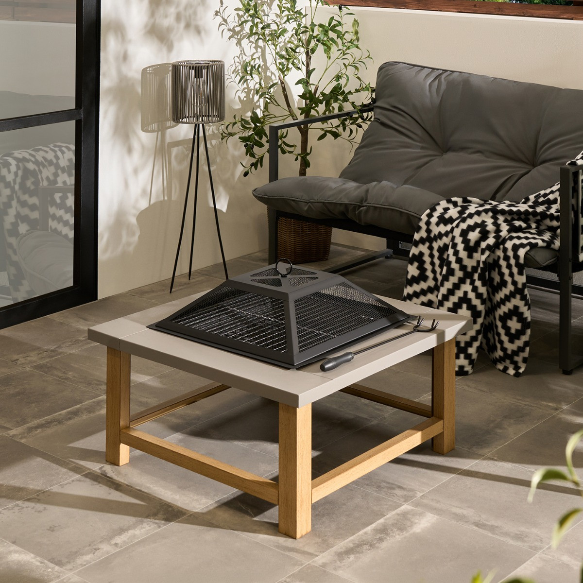 OHS Square Outdoor Firepit with Cover & Poker - Grey>