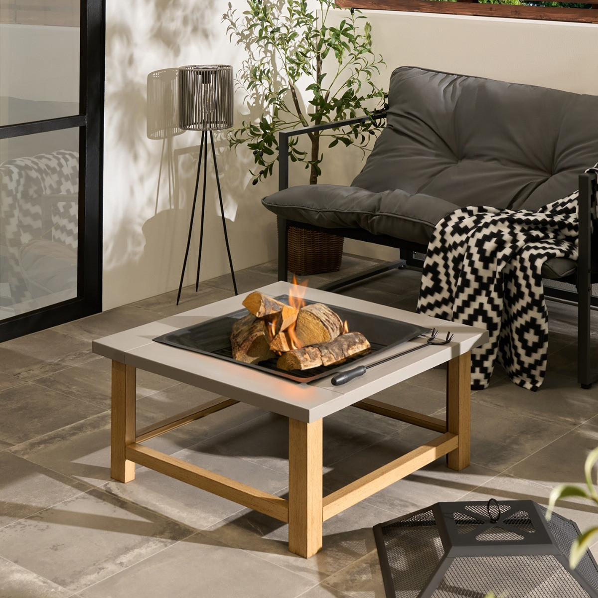 OHS Square Outdoor Firepit with Cover & Poker - Grey>